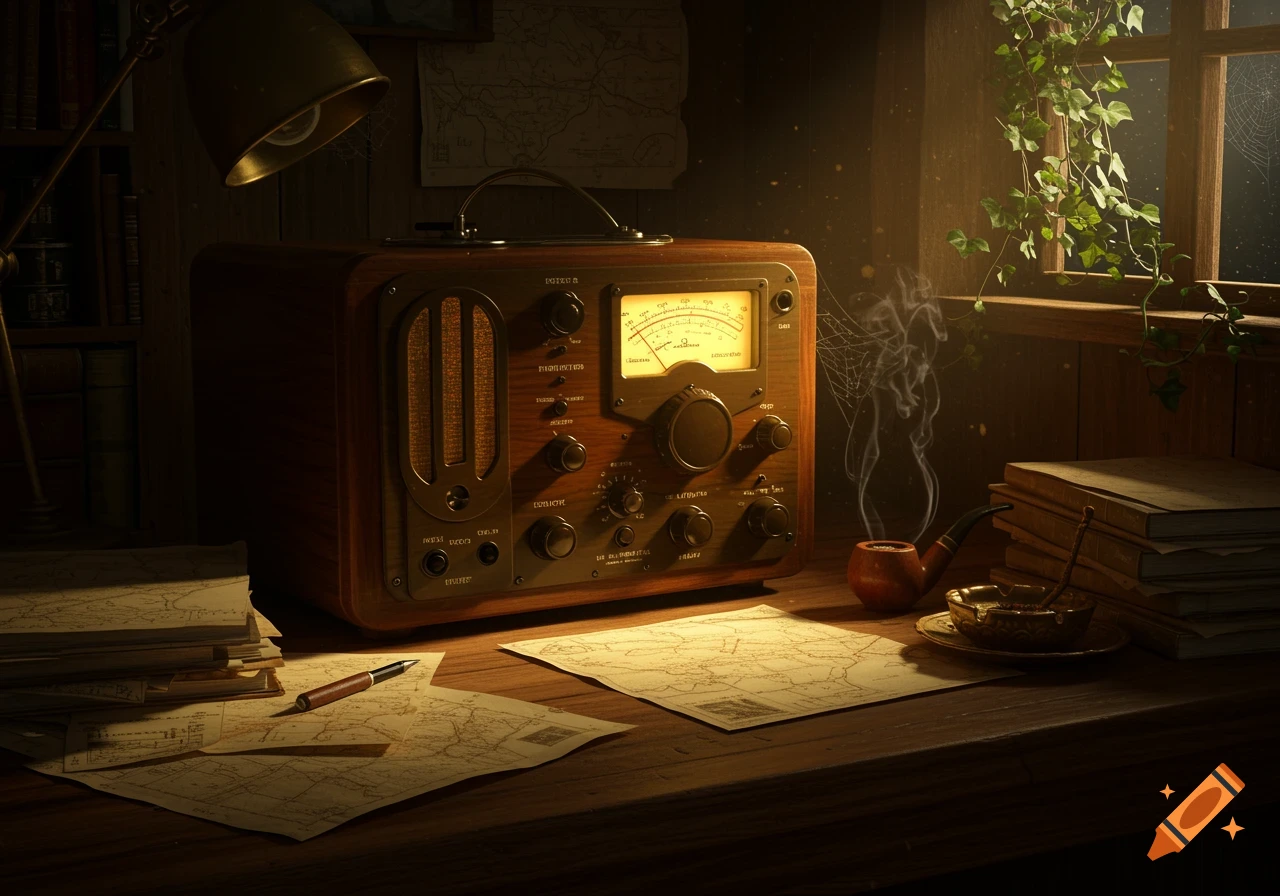 A vintage wooden ham radio with a glowing dial on a desk cluttered with maps, books, a pipe, and a lamp in a dimly lit room.