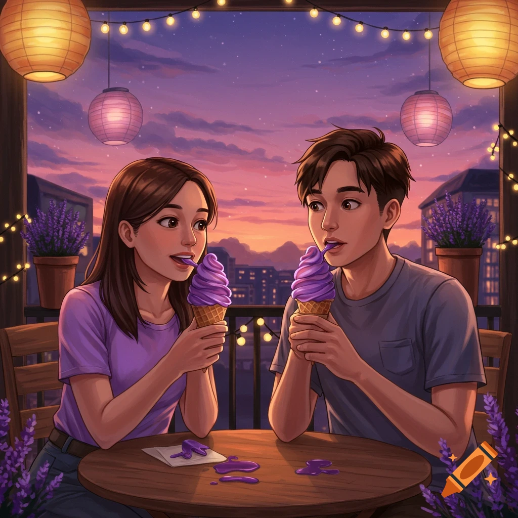 An illustrated couple sits on a balcony at sunset, eating purple ice cream cones, with string lights and lavender plants around them.