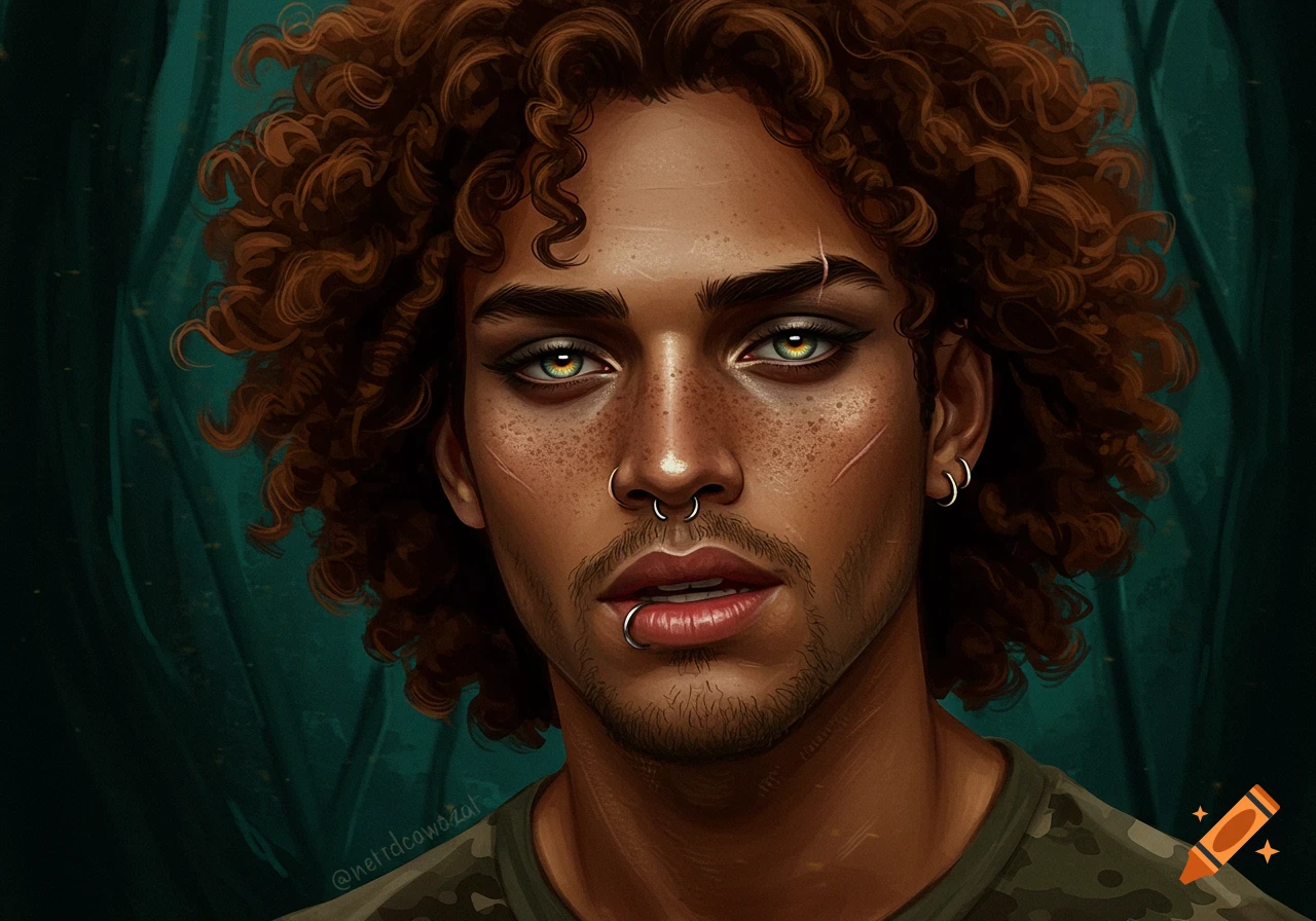 A striking digital painting of a man with curly brown hair, green eyes, freckles, scars, and face piercings.