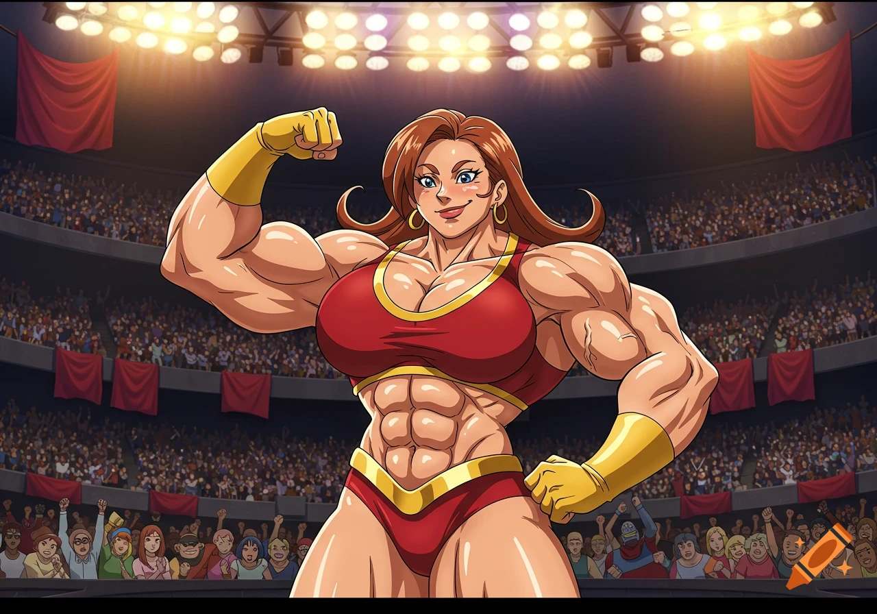 Anime-style muscular woman in a red and gold wrestling outfit flexing in a stadium.