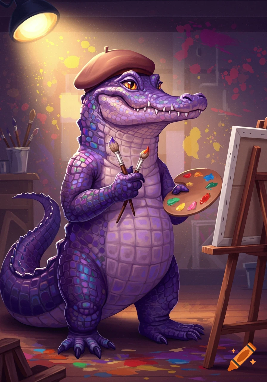 A whimsical purple anthropomorphic alligator wearing a brown beret and holding paintbrushes and a palette stands next to an easel in a brightly lit, paint-splattered studio.