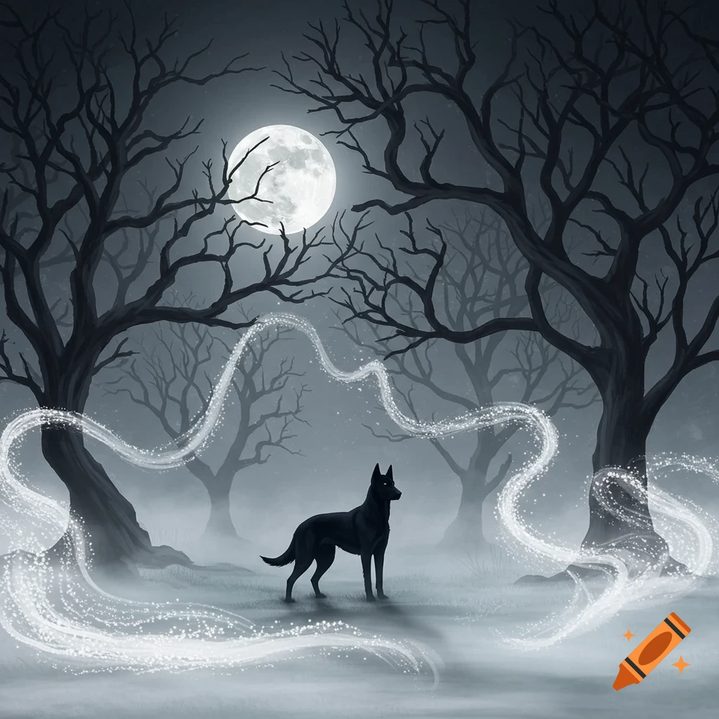 An illustration of a black dog standing in a misty, moonlit forest with bare trees and swirling light trails.