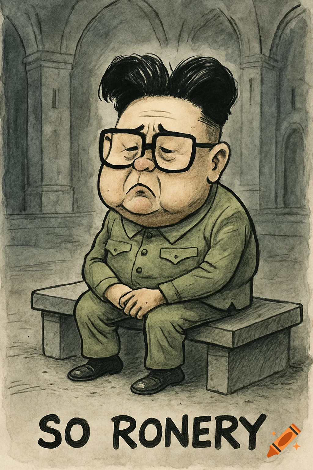 Watercolor cartoon of a sad, exaggerated dictator resembling Kim Jong Un sitting on a bench, with 'SO RONERY' text.