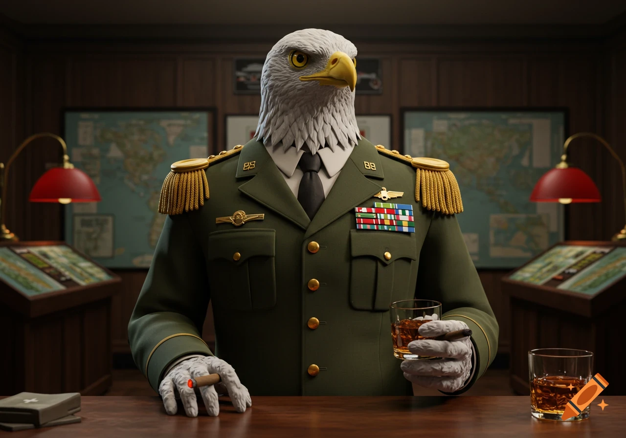 Stylized 3D image of a bald eagle military officer with a human body, holding a cigar and whiskey in a wood-paneled war room.