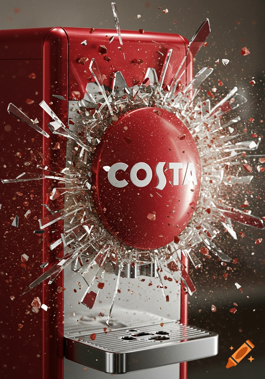 A red Costa Coffee machine with its logo shattered by an impact, sending glass shards and red particles flying.