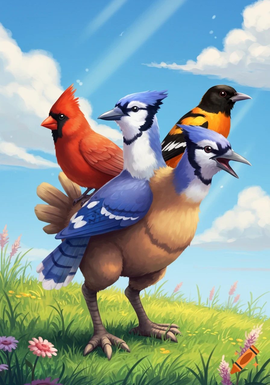 A hybrid bird creature resembling Dodrio with a cardinal, blue jay, and oriole head, standing in a grassy field under a blue sky.