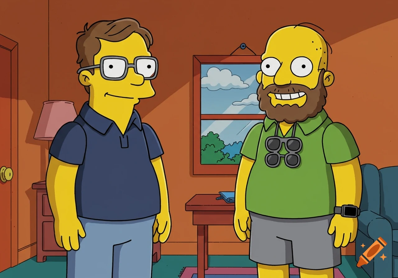 Two men drawn in Simpsons style, one with glasses, the other bearded, standing in an indoor setting.