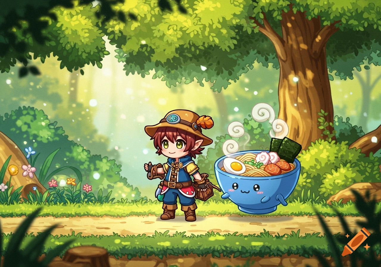 A cute anime adventurer character stands in a bright forest with a walking, smiling ramen bowl. Maplestory art style.