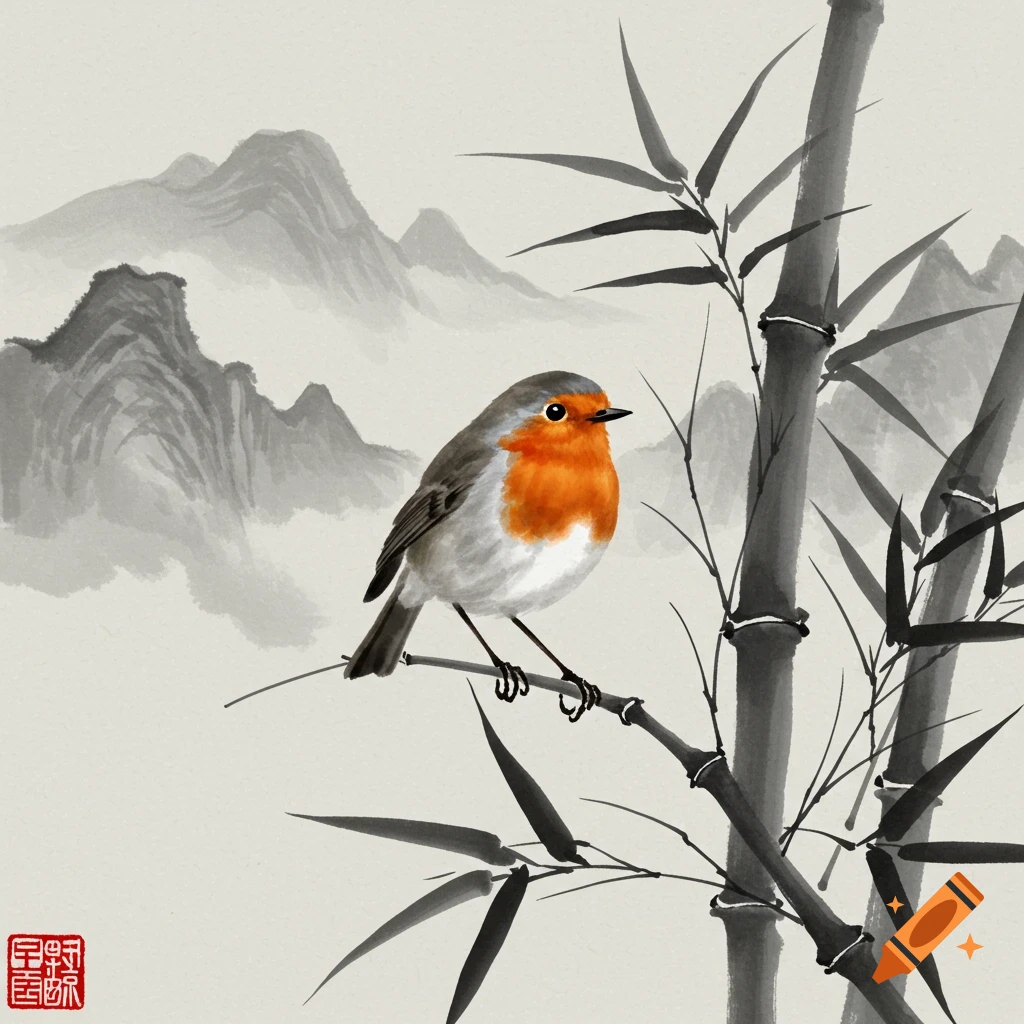 A robin with an orange breast perches on a bamboo branch in a black and white Chinese ink painting with mountains in the background.