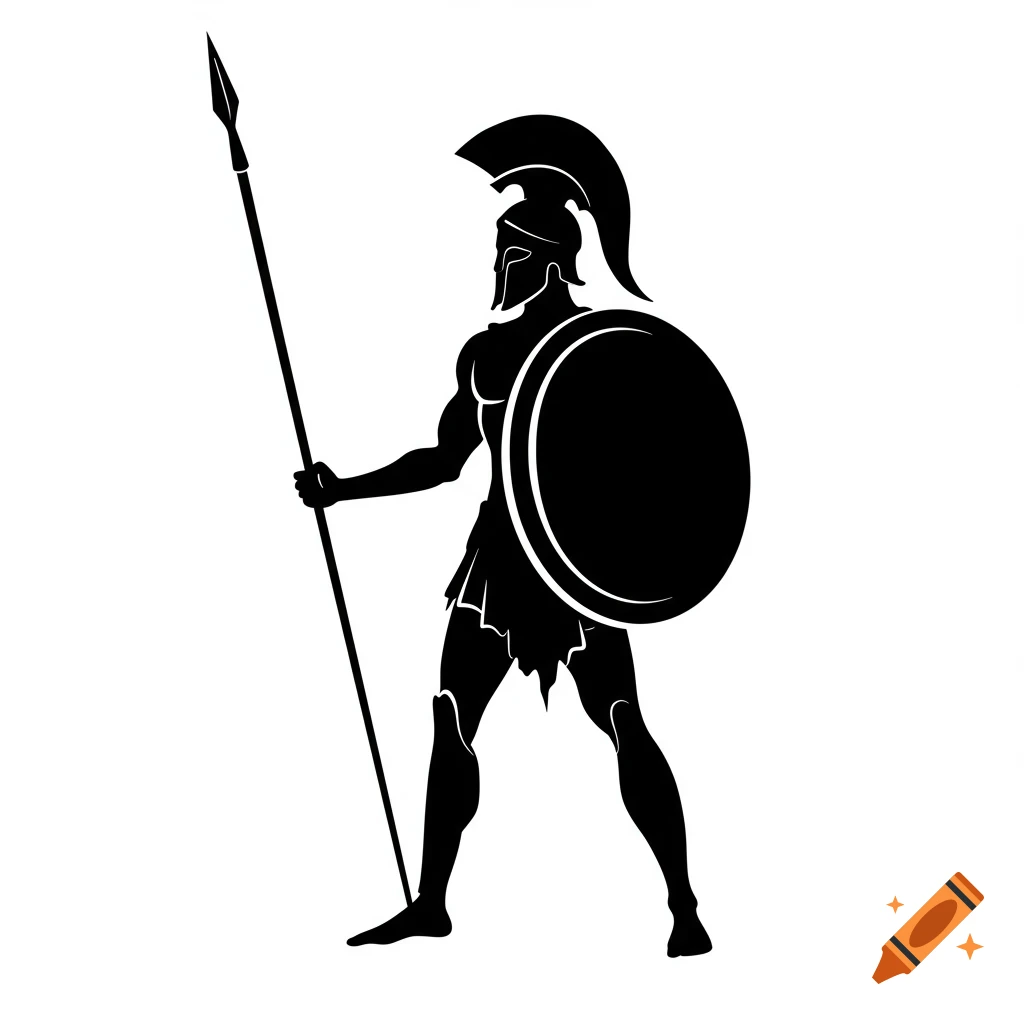 Black silhouette of a Greek hoplite holding a spear and shield on a white background.