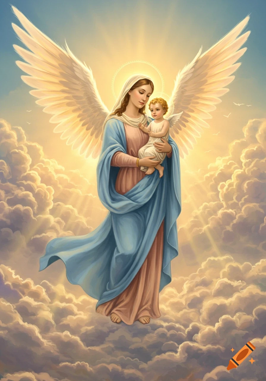 Mary, with golden wings and a halo, holds baby Jesus amidst a glow, surrounded by clouds in a bright sky.
