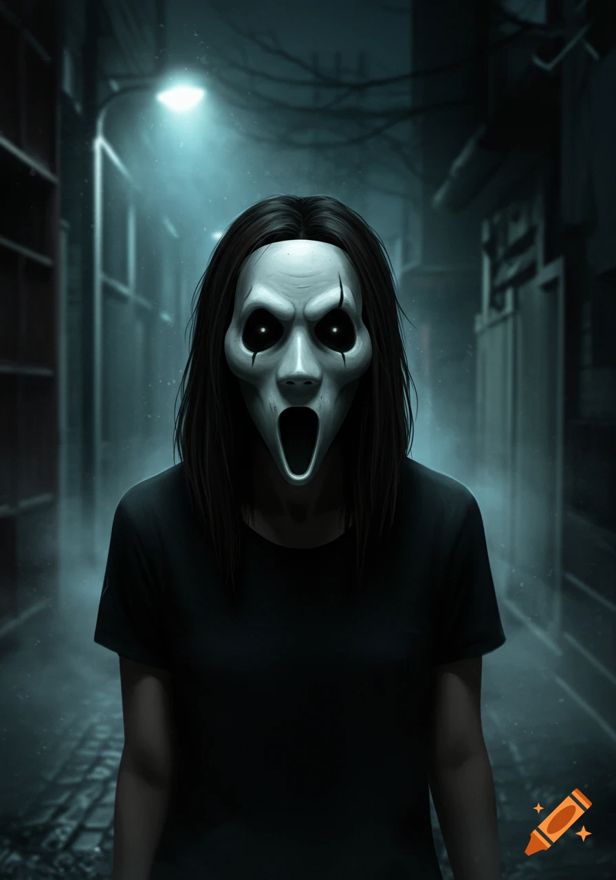 A person wearing a white, ghostly mask with black eyes and long dark hair stands in a dark, foggy alley under a streetlamp.