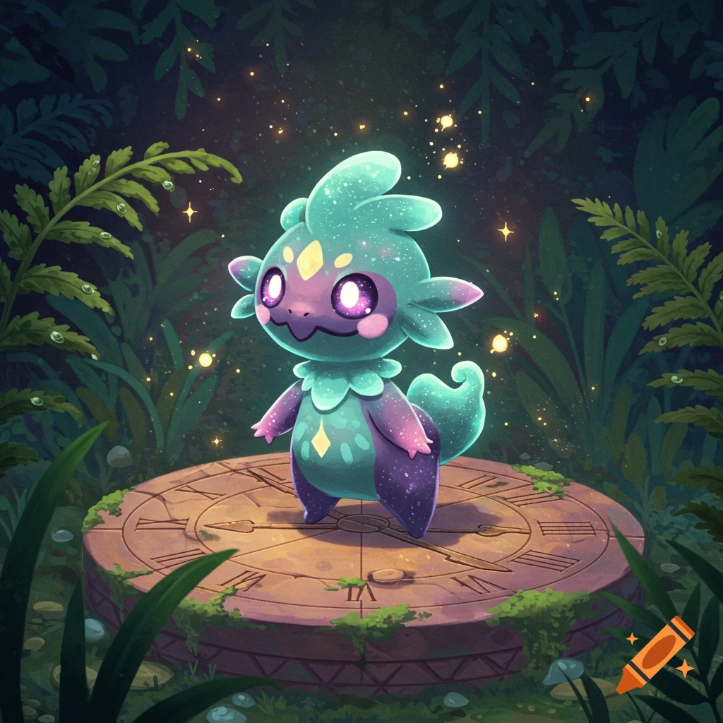 A cute, glowing teal and purple creature with large eyes stands on an ancient stone clock in a dark, magical forest with fireflies.