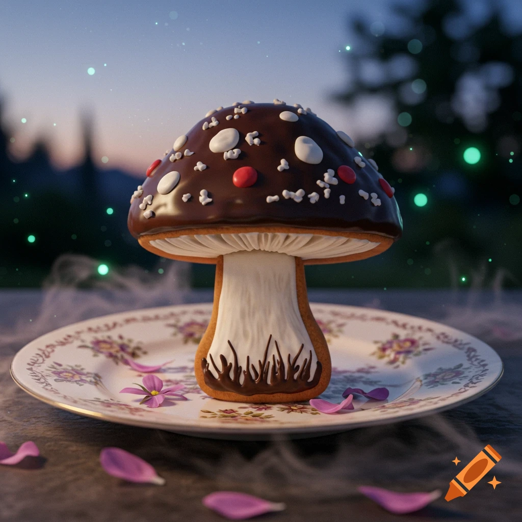 Photorealistic mushroom cookie with chocolate cap, white frosting, and sprinkles on a floral plate with glowing lights and mist.
