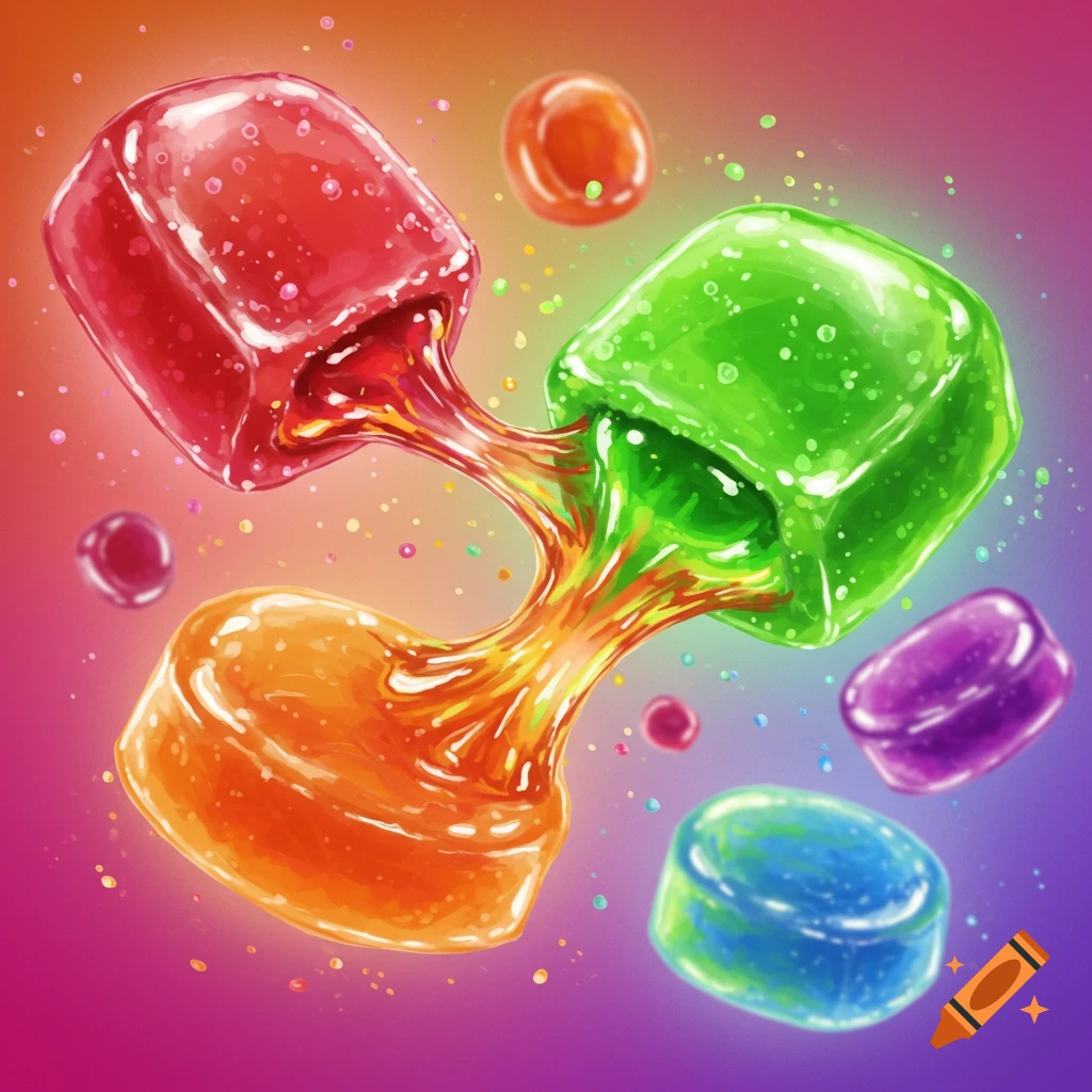 An illustration of vibrant red, green, and orange gummy candies melting and connecting, with smaller colorful candies floating around.