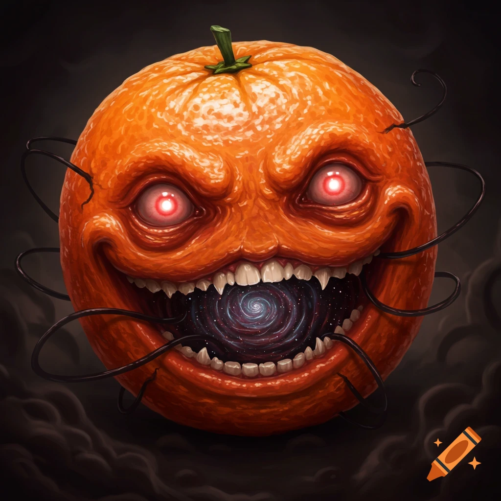 A demonic orange fruit with glowing red eyes, sharp teeth, and a swirling galaxy inside its mouth, surrounded by dark tendrils.