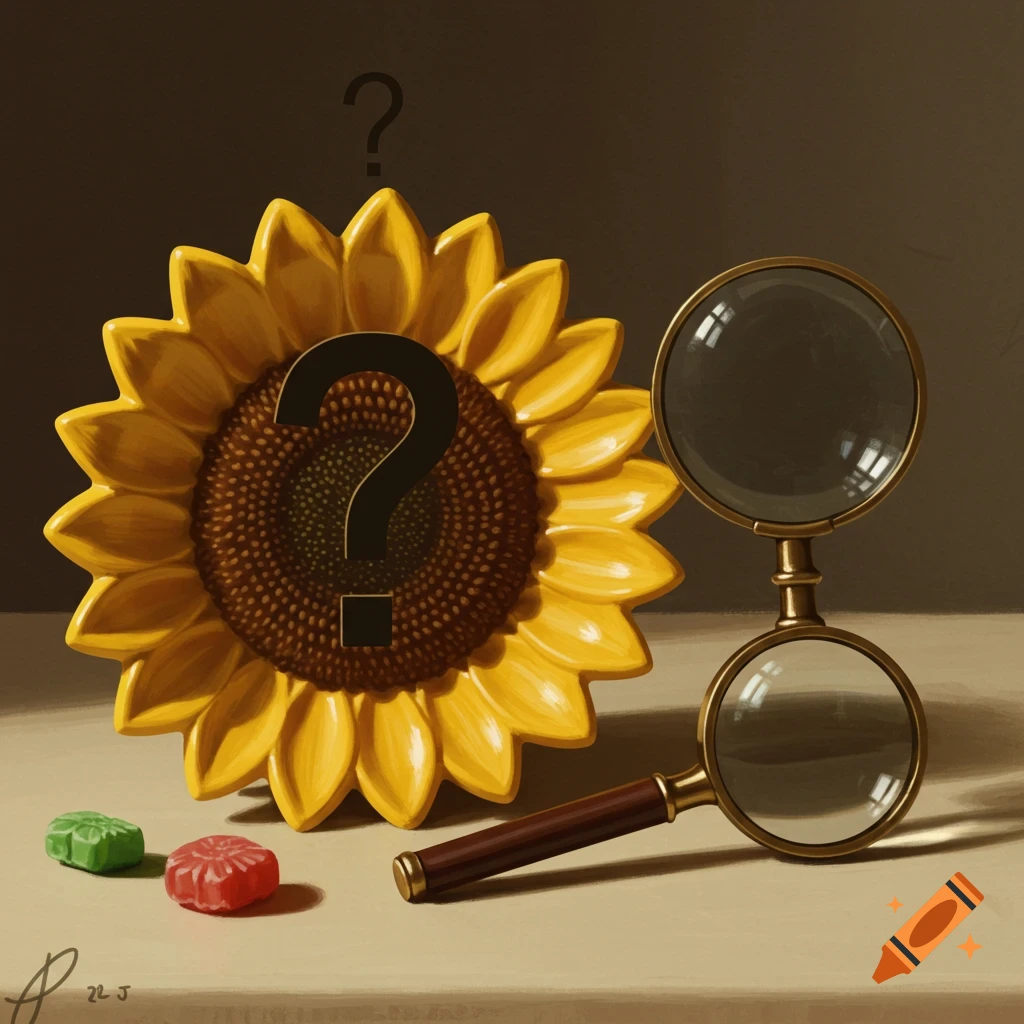 A still life painting of a sunflower dish with a large black question mark on its center, and a smaller question mark floating above it. Two magnifying glasses with brass frames and dark lenses stand upright on a light brown surface next to the sunflower. Two colorful candies, one green and one red, lie in front of the sunflower.