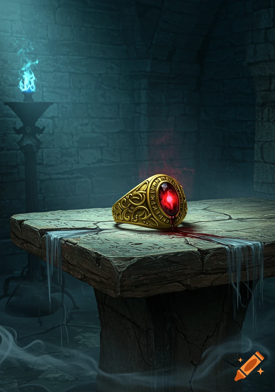 A golden ring with a red gem and blood on a stone table in a dark, ancient room with a blue torch flame.
