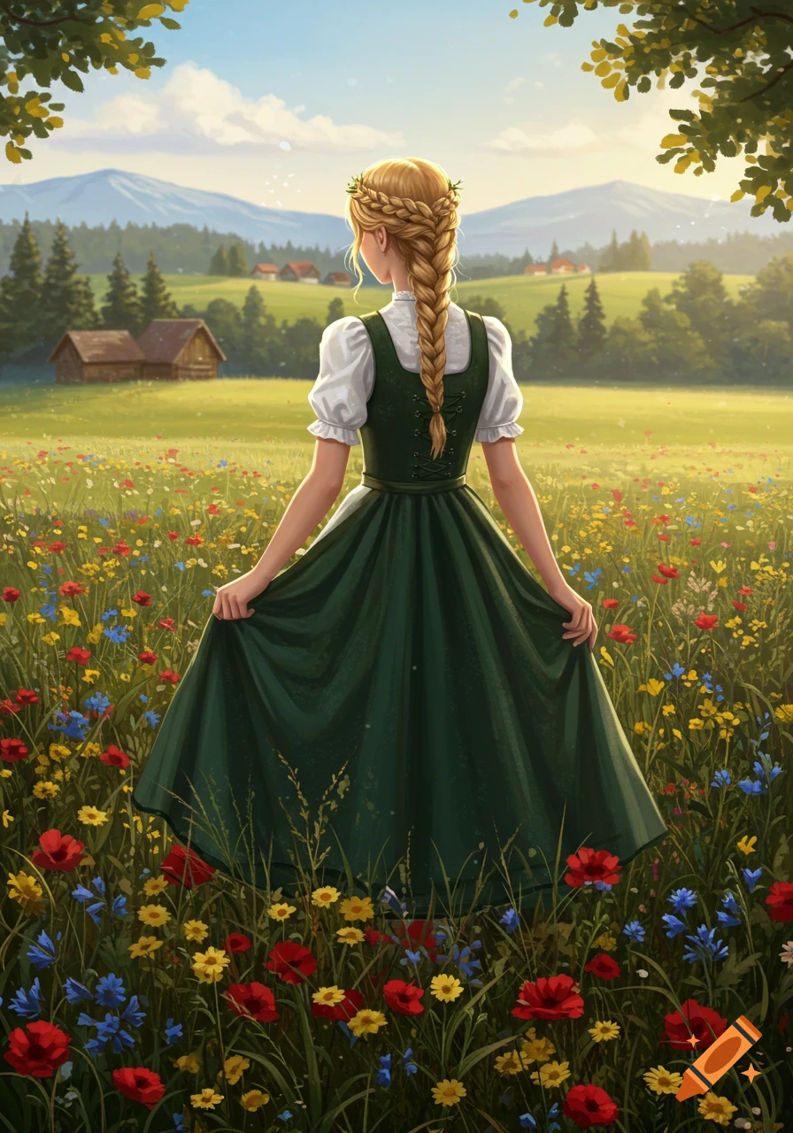 A young girl with a long blonde braid and a green traditional dress stands in a vibrant wildflower meadow, looking at distant mountains and houses.