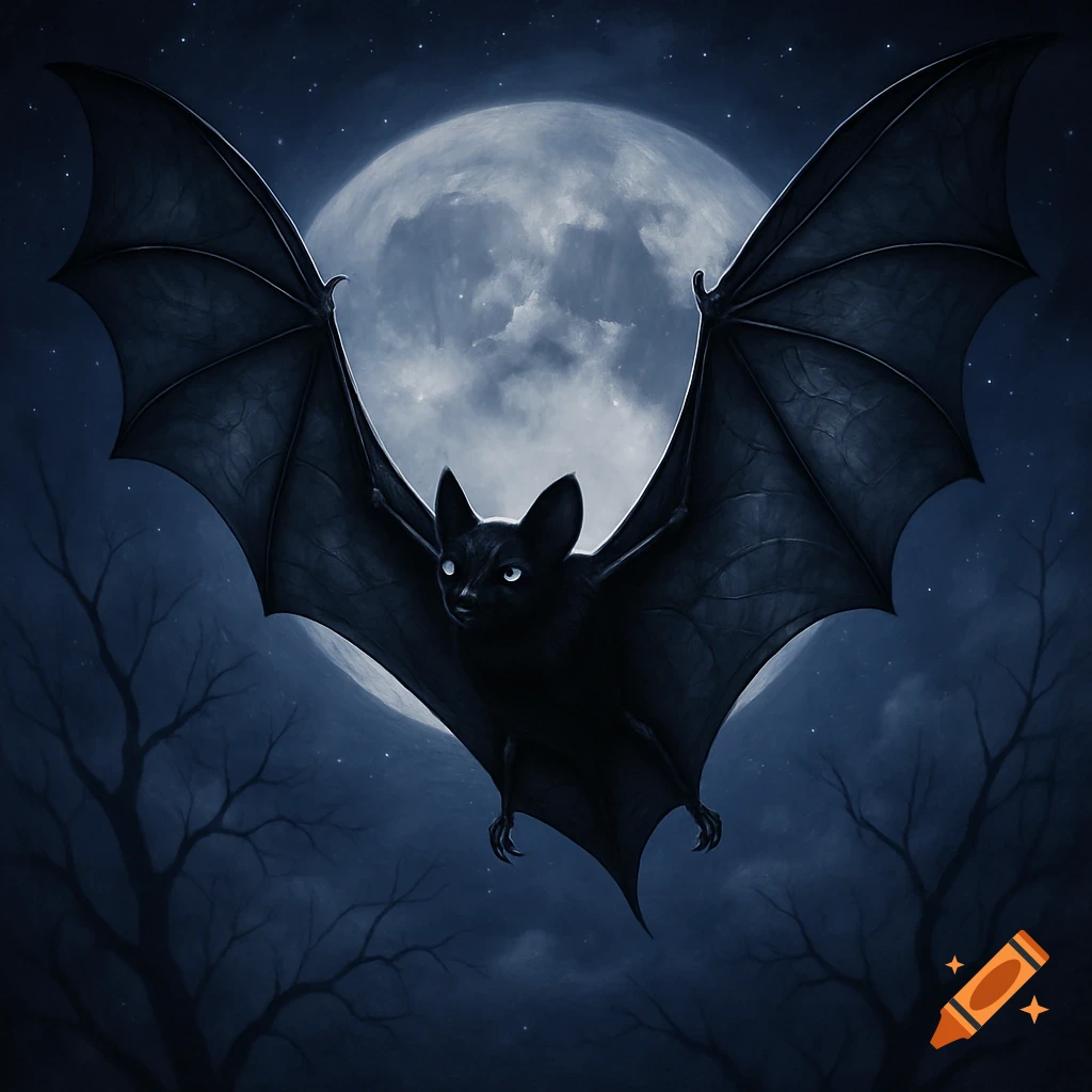 A black bat with large wings flies in front of a bright full moon against a dark, starry night sky with bare tree branches below.
