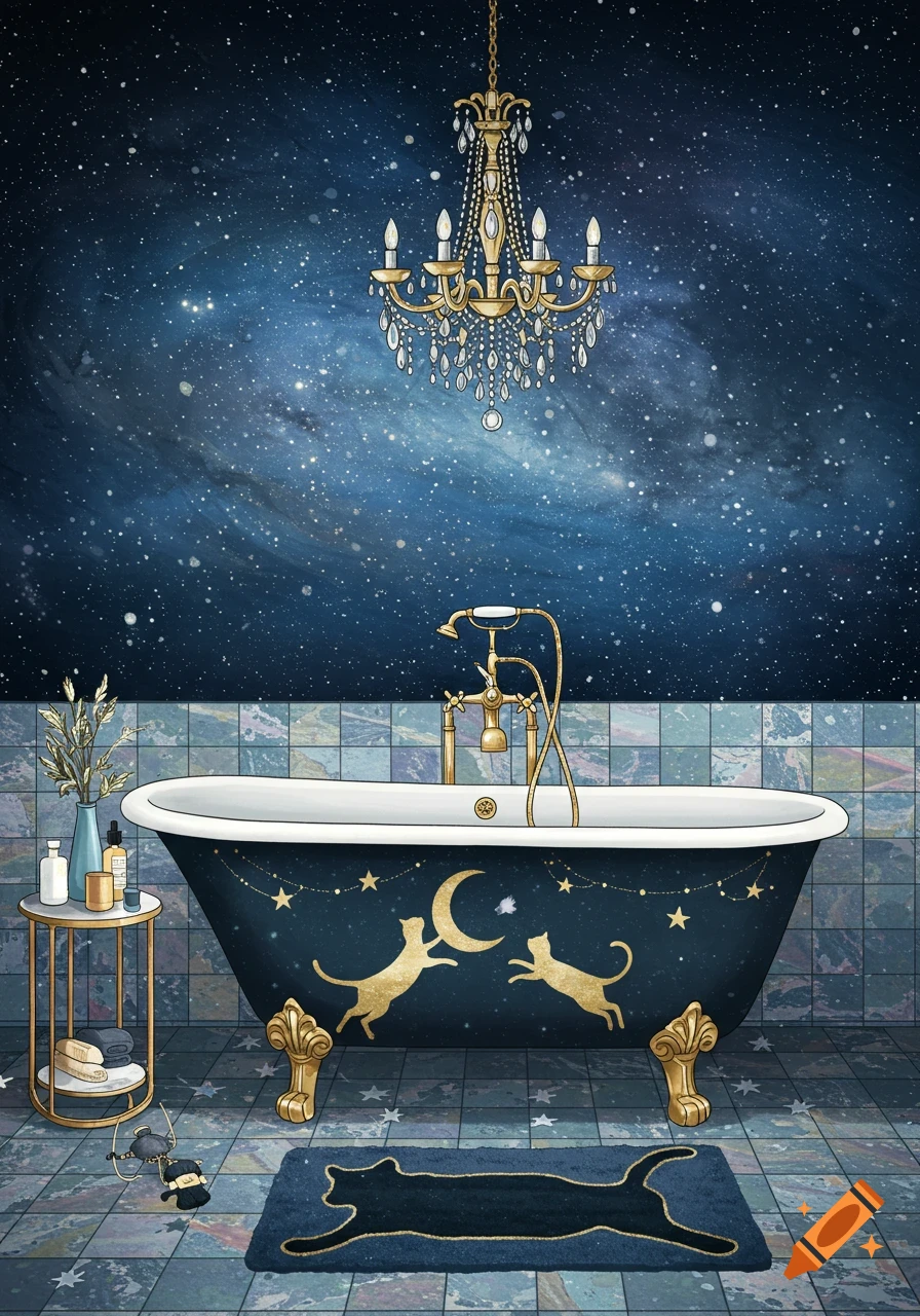 A whimsical bathroom with a starry galaxy wall, a bathtub decorated with golden cats and a moon, a chandelier, and a cat-shaped rug.
