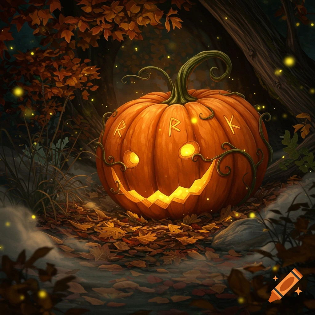A glowing jack-o'-lantern with carved runes sits on autumn leaves in a dark, magical forest with fireflies.