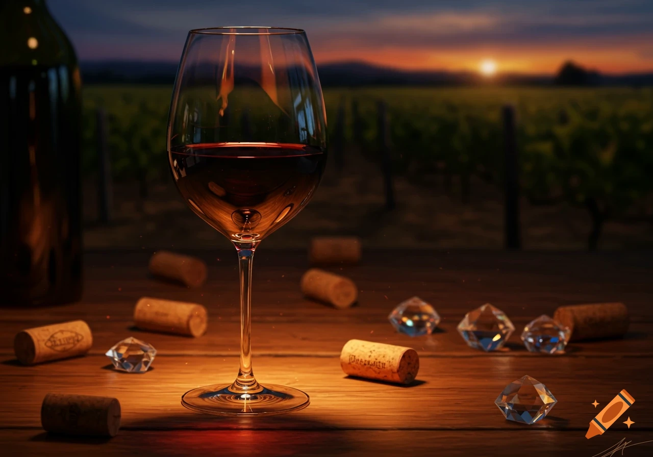 A glass of red wine on a wooden table with corks and clear crystals. A vineyard is visible in the background under a sunset sky.