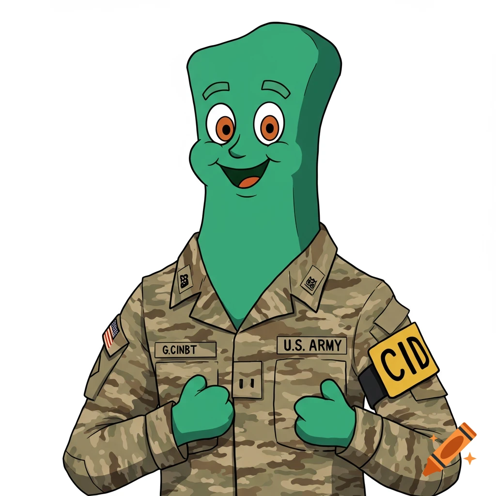 A green cartoon character, resembling Gumby, wearing a U.S. Army OCP camouflage uniform with a CID brassard.
