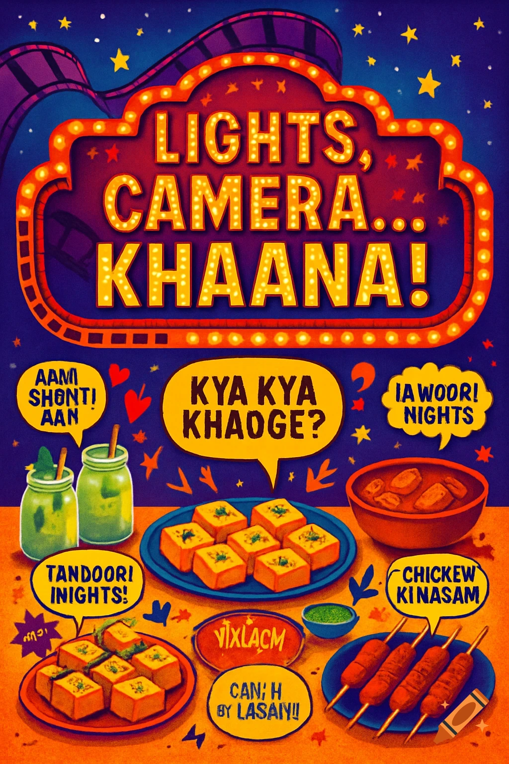 A colorful Bollywood-themed menu poster for a Kitty Party, featuring a marquee sign that reads "LIGHTS, CAMERA... KHAANA!", surrounded by various food items like paneer tikka, kebabs, and drinks.