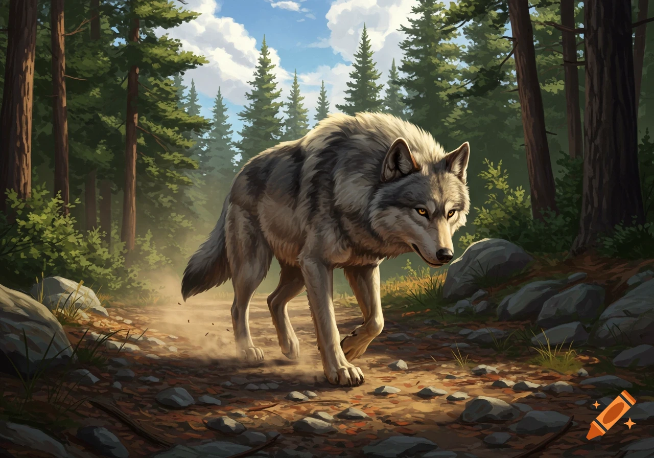 A majestic gray wolf walks on a sunlit, dusty path through a dense pine forest, looking forward.