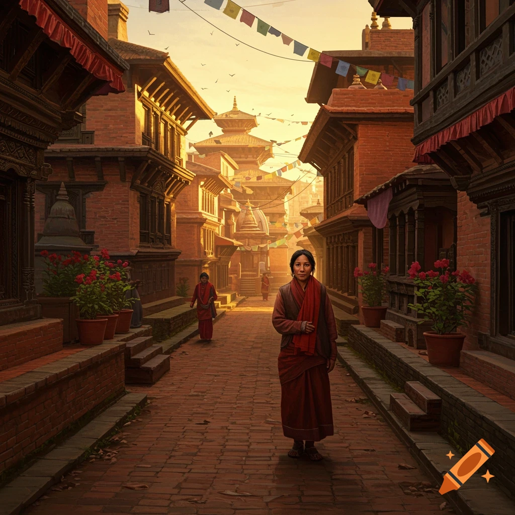 A woman in traditional attire walks on a brick street lined with ancient brick buildings and prayer flags at sunset.