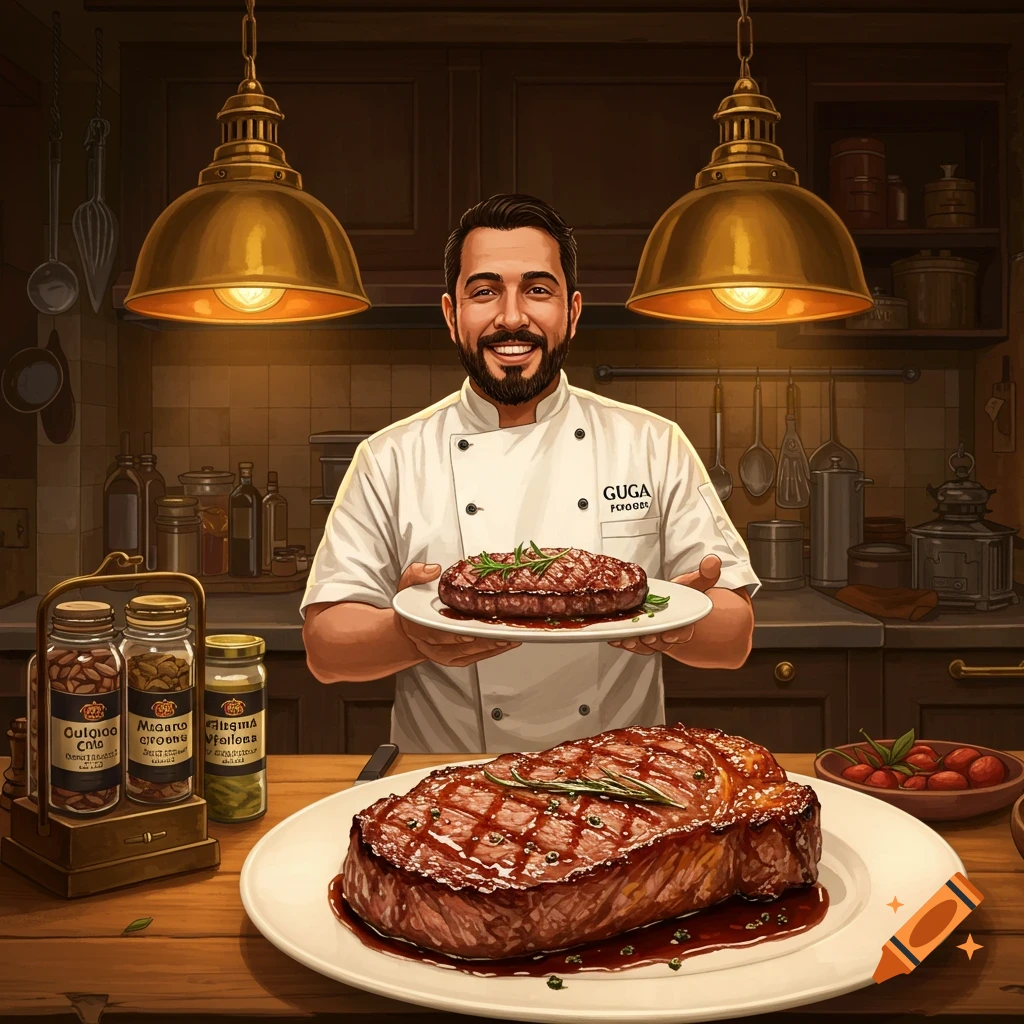 A chef in a kitchen holding a plate of steak, with another large steak on a table in front of him. Realistic style.