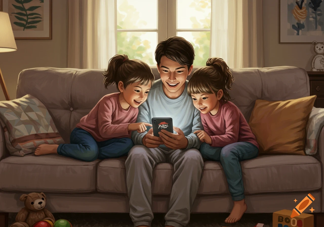 A father and two young children happily look at a smartphone on a couch, ordering Pizza Hut.