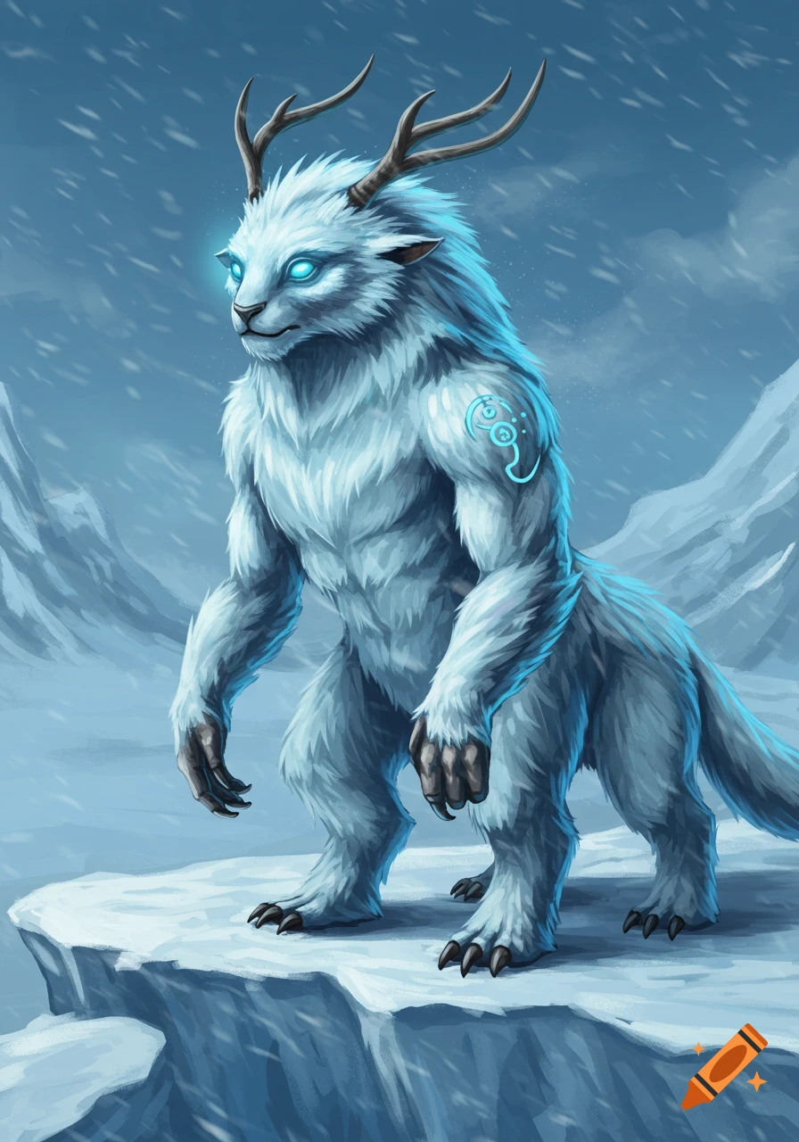 A white furry creature with glowing blue eyes and antlers stands on an icy cliff in a snowy tundra, digital art.