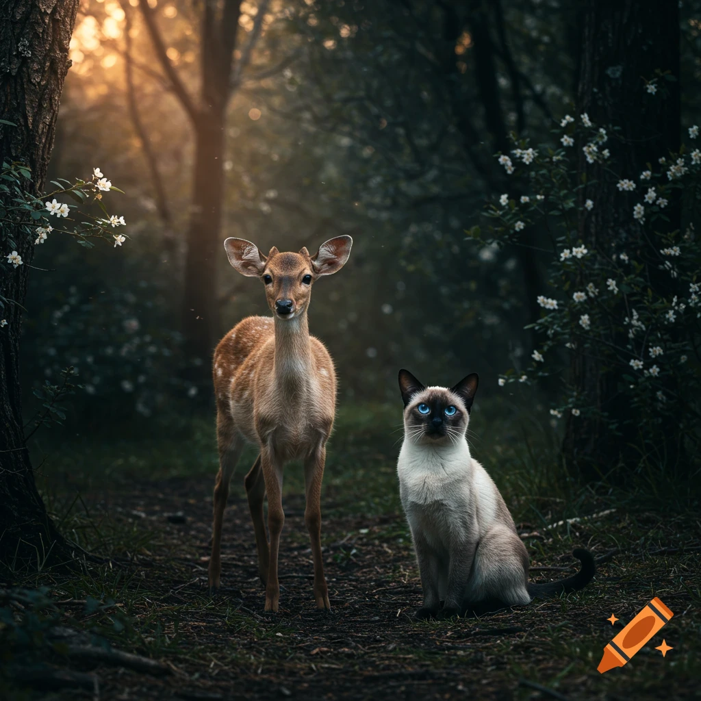 A young deer stands beside a Siamese cat on a forest path, with golden light filtering through trees.