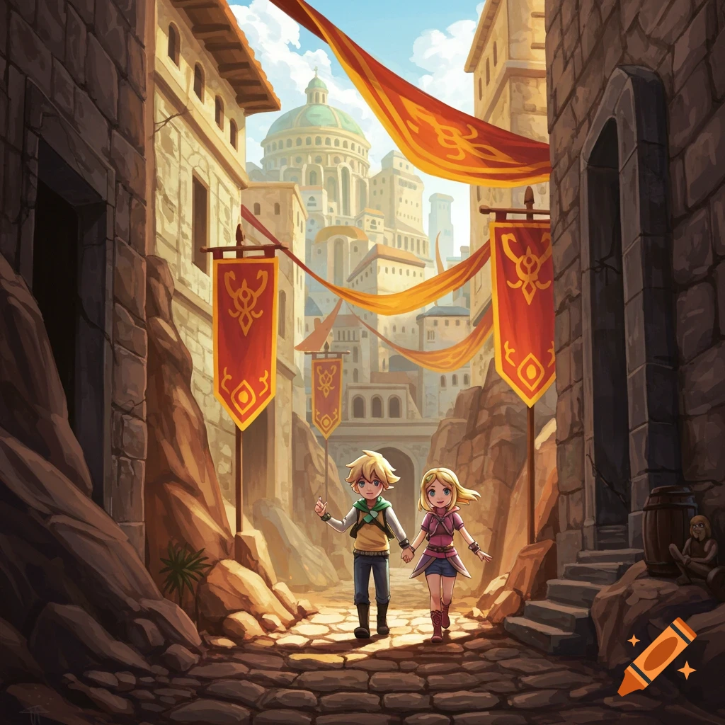 An anime-style boy and girl walk hand-in-hand down a cobblestone street in a fantasy city with red and gold banners overhead.