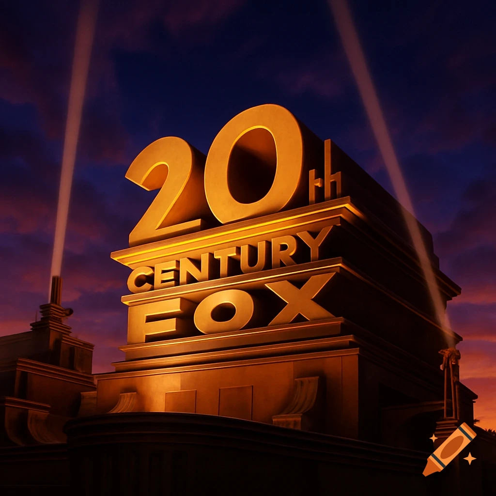 Gold 20th Century Fox logo with searchlights against a dramatic sunset sky.