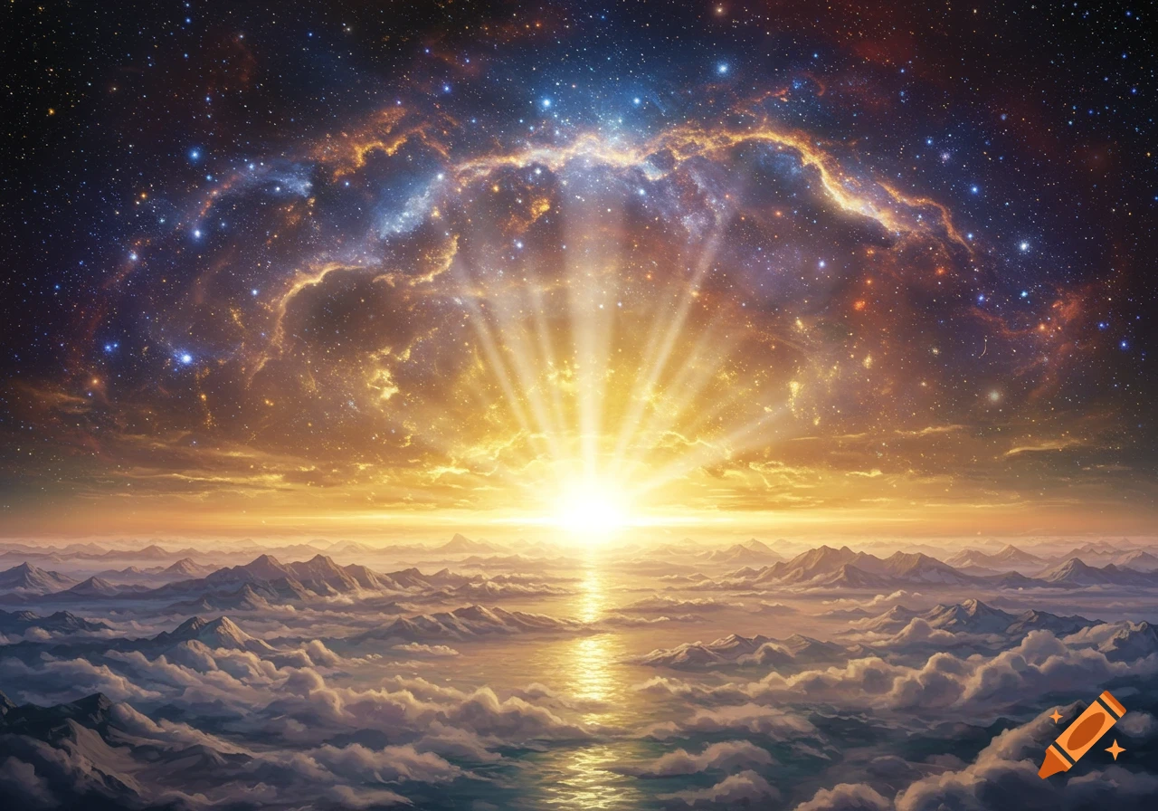 A brilliant golden sunrise over mountains and clouds, with a vibrant cosmic sky full of stars and nebulae.