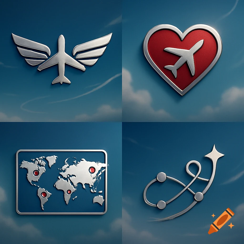 Four metallic emblems on a blue sky: an airplane with wings, an airplane in a heart, a world map with markers, and a stylized travel path.