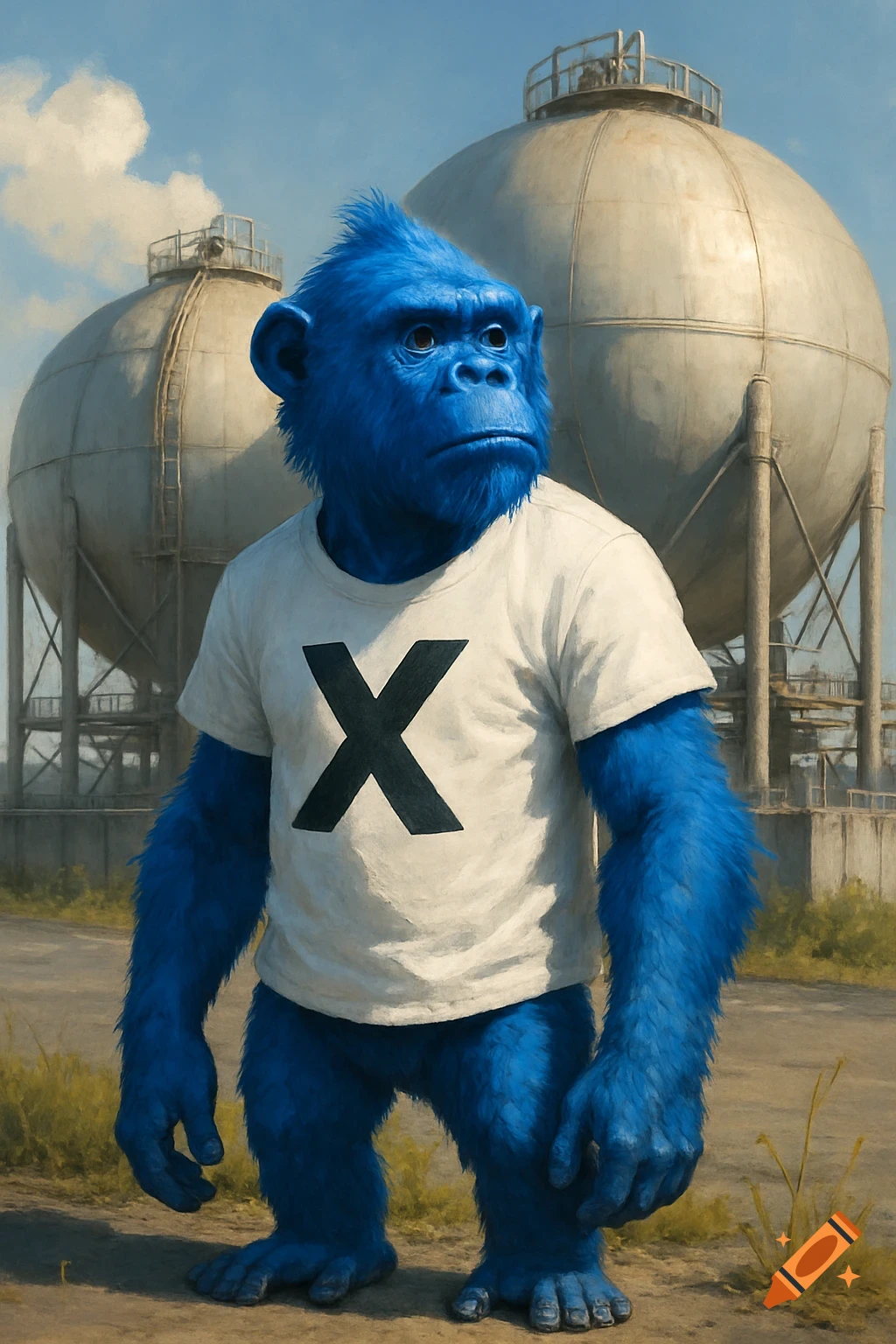 A blue, furry ape wearing a white t-shirt with a black 'X' stands in front of two large spherical storage tanks under a blue sky.