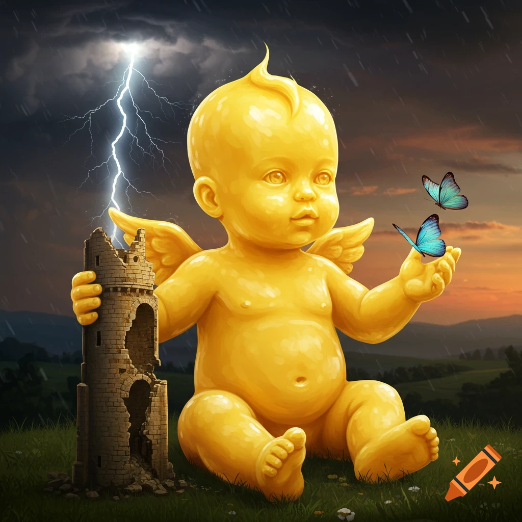 A golden, winged baby sits in a grassy field, holding a ruined medieval tower under a lightning bolt and two blue butterflies.