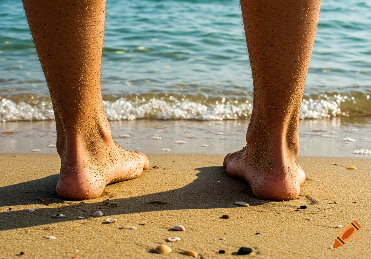 Close-up, low angle view of two bare, sandy legs and feet standing on a sunny beach at the ocean's edge with waves.