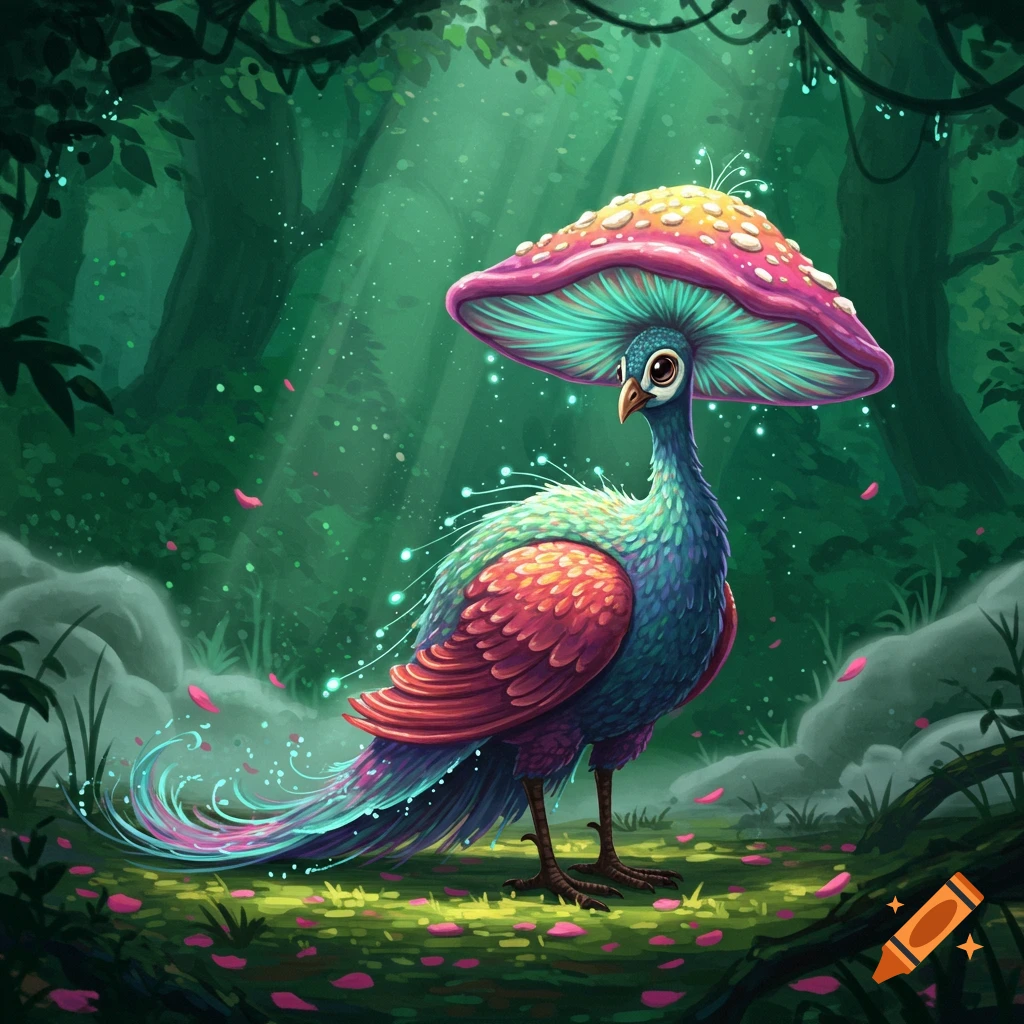 A colorful, fantastical peacock-like creature with a large mushroom cap head stands in a sunlit, lush forest with glowing particles.