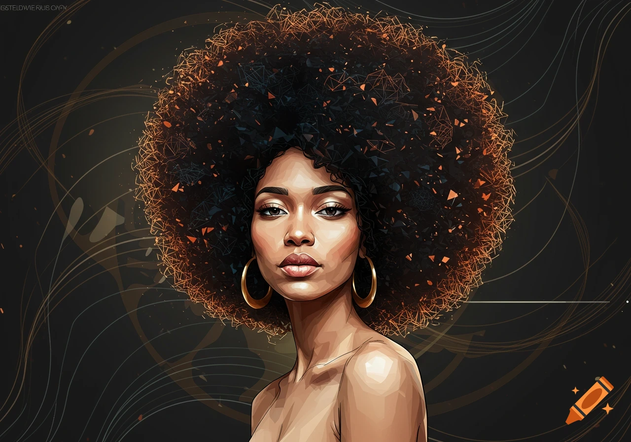 Stylized portrait of a Black woman with a large afro made of geometric shapes and lines on a dark, abstract background.