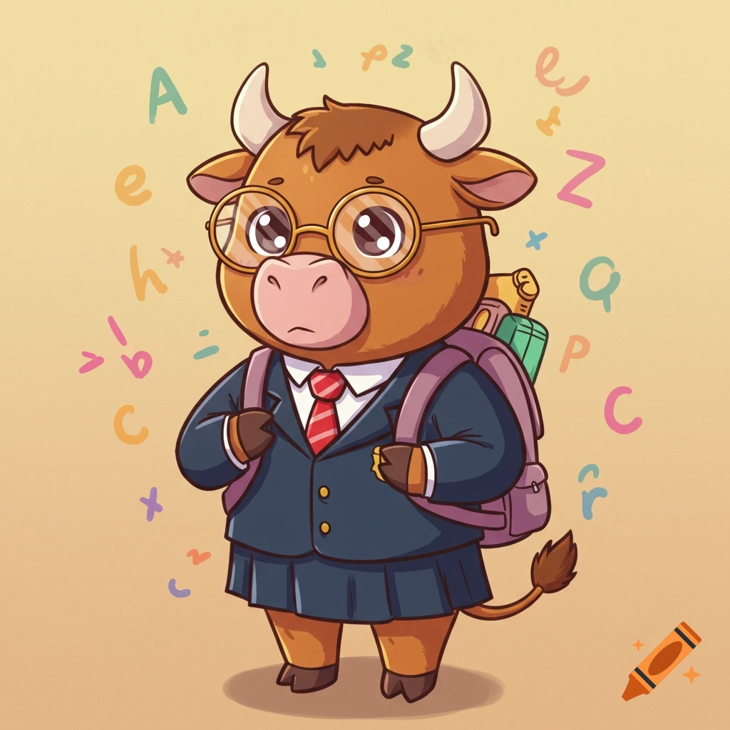 A cute cartoon bull wearing glasses and a school uniform with a backpack, surrounded by colorful letters and symbols.