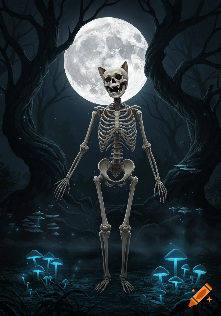 A skeletal figure with cat ears stands in a dark, mystical forest under a bright full moon, surrounded by glowing blue mushrooms.