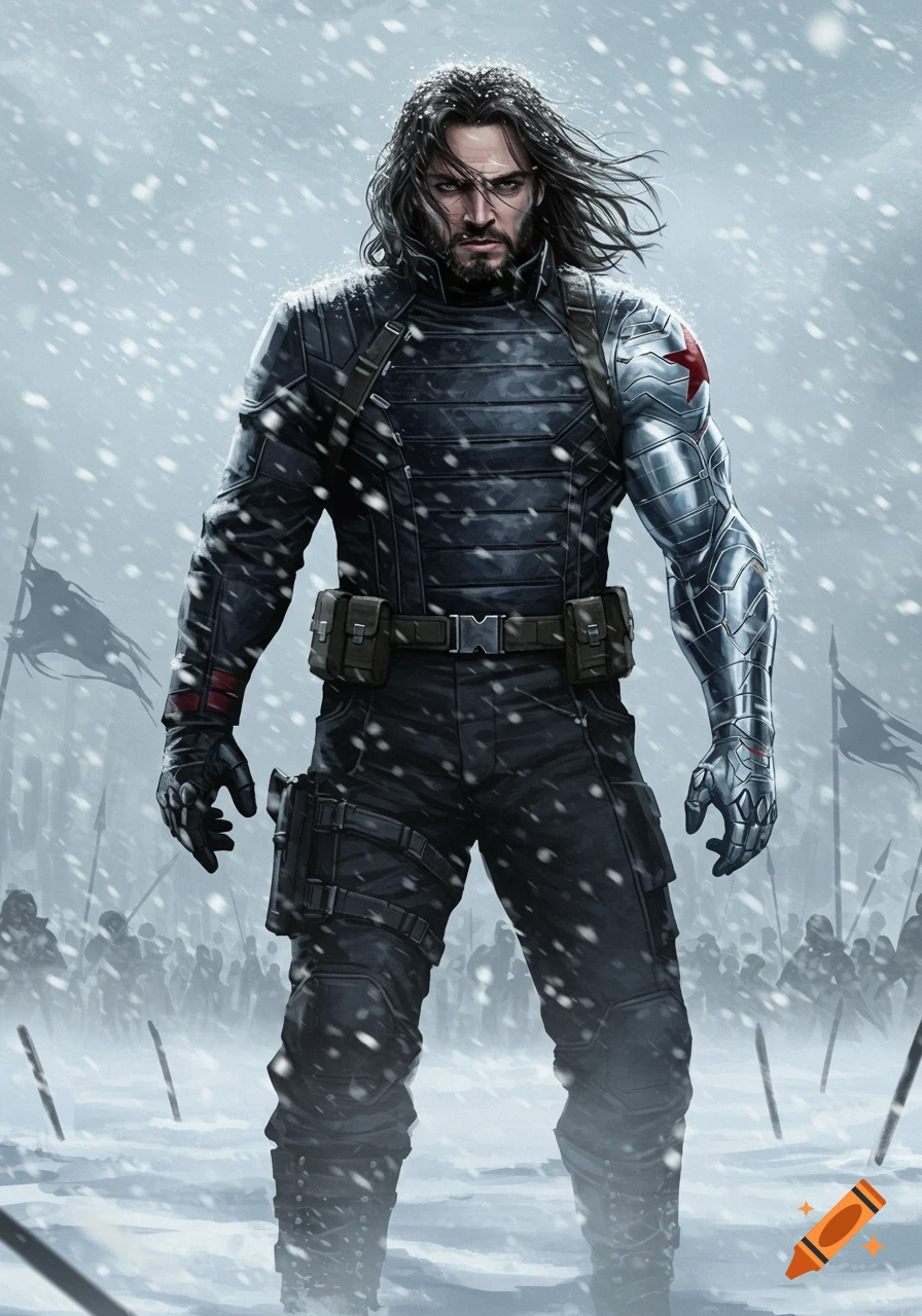 A male superhero in a black tactical suit with a metallic left arm stands in a snowy landscape.
