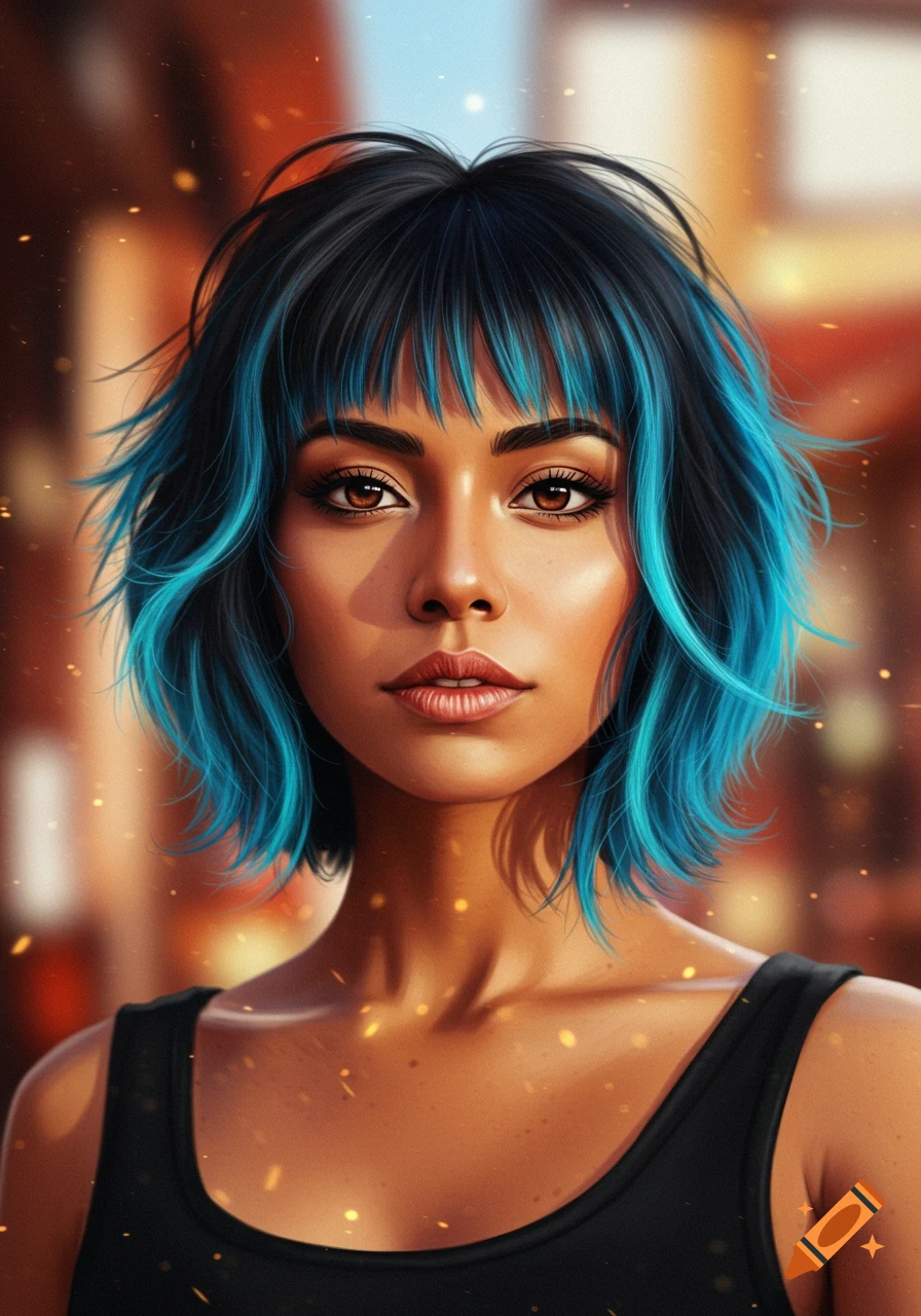 Digital art portrait of a woman with dark skin and short black hair with bright blue ends and bangs, wearing a black tank top.