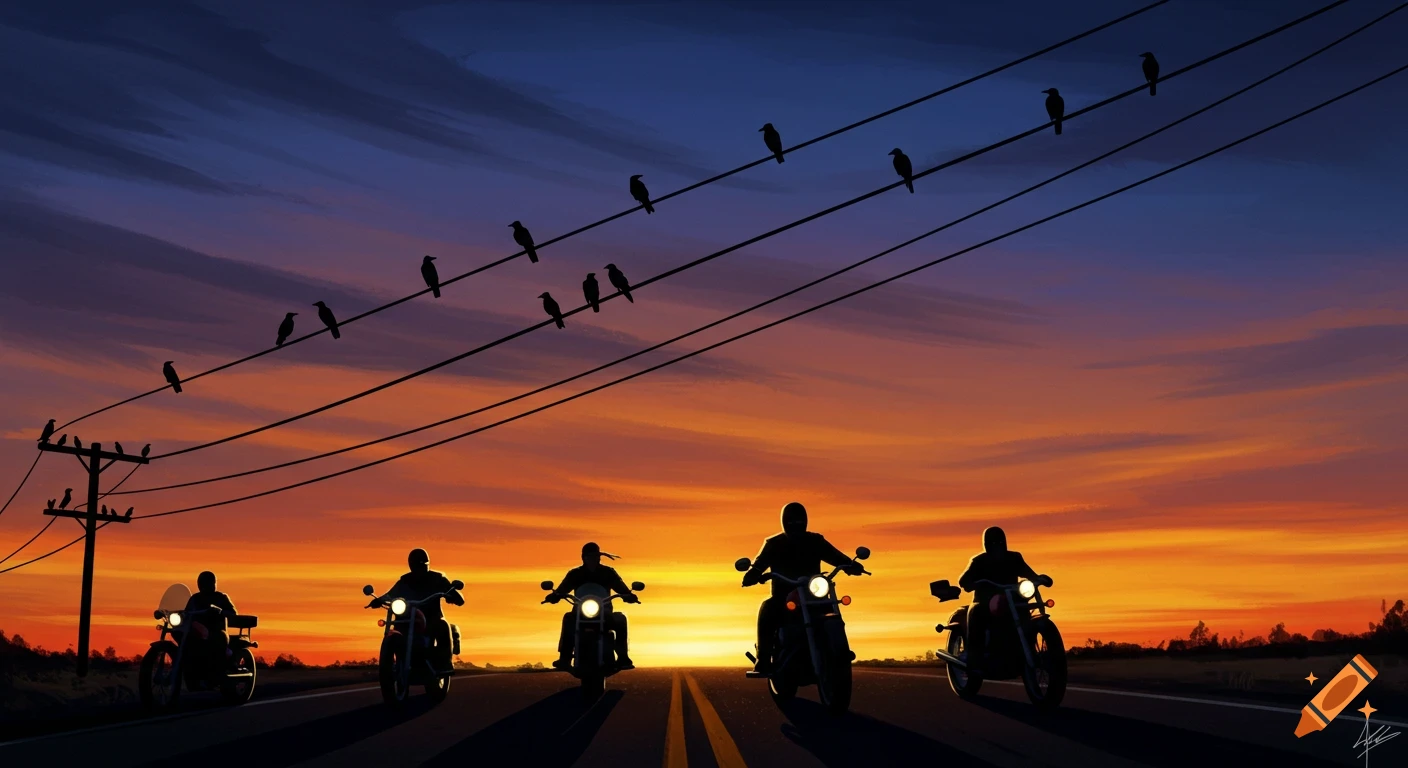 Silhouetted bikers ride on a road toward a vibrant sunset under power lines with crows perched on them. Digital illustration.