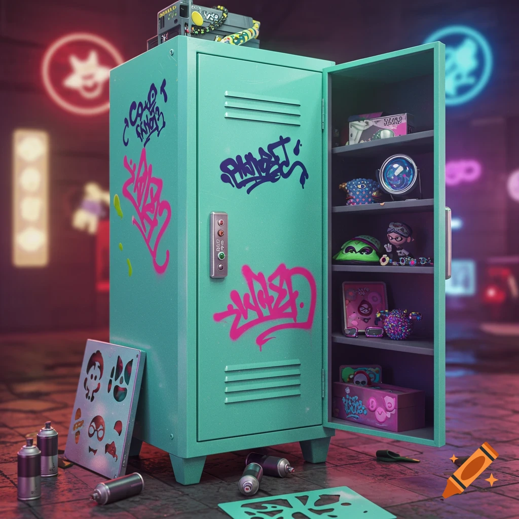 A teal locker covered in pink and purple graffiti, with its door open revealing colorful video game items inside, and spray cans on the floor.